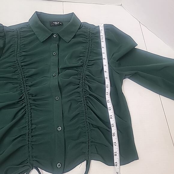 Women’s Green Ruched Button-Up Blouse XL Boho Long Sleeve Crop By Milk & Honey - Picture 8 of 9